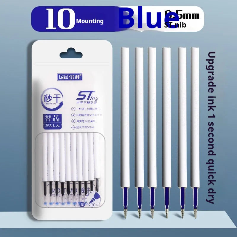 Pack of 10 quick-drying 0.5mm ballpoint pen refills in black, blue, red, and navy ink colours.