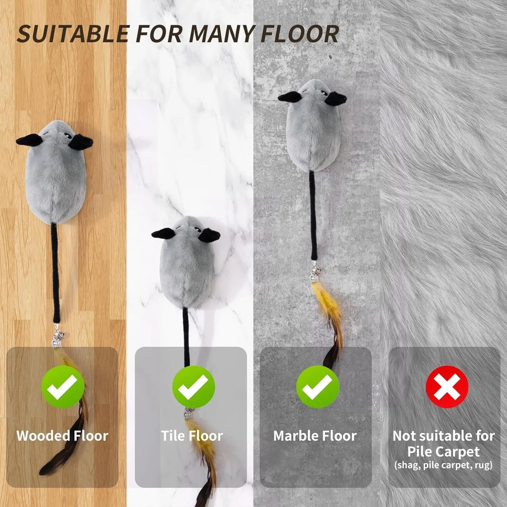 Grey and yellow interactive cat mouse toy with feather tail and LED lights for indoor feline exercise