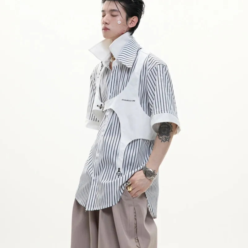 Men's double collar striped cotton shirt in loose fit with short sleeves