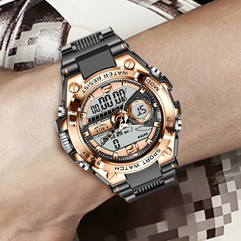 Quartz watch with luminous dial, plastic strap, and analogue digital display in black colour