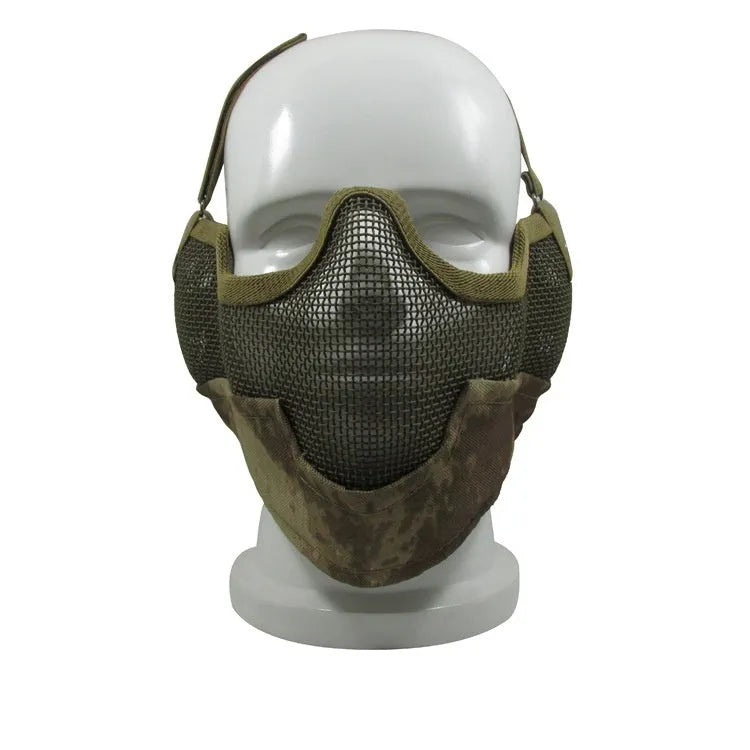 Carbon steel head-mounted net face mask in camouflage colour option.