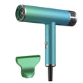 Green foldable hair dryer with collapsed handle next to a purple one, showing compact travel design.