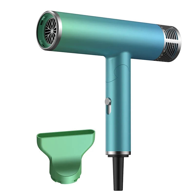Green foldable hair dryer with collapsed handle next to a purple one, showing compact travel design.