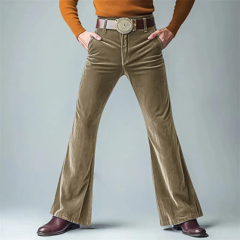 Men's gold velvet slim flared suit trousers in dark red colour