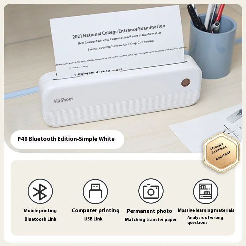 Ailixiong P40 mini portable thermal printer showing compact design and thermal paper mechanism