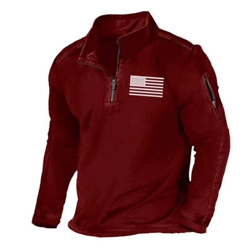 Men's grey zip-up stand collar long-sleeved sports sweater on a hanger