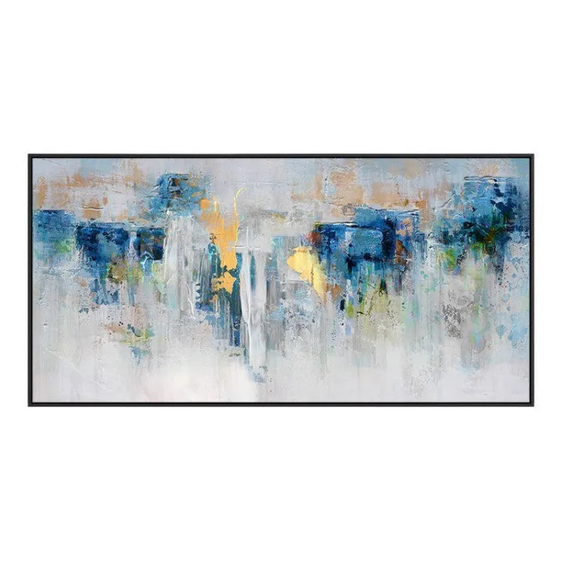 Handmade modern abstract oil painting on canvas blue and gold horizontal landscape frameless unstretched rolled