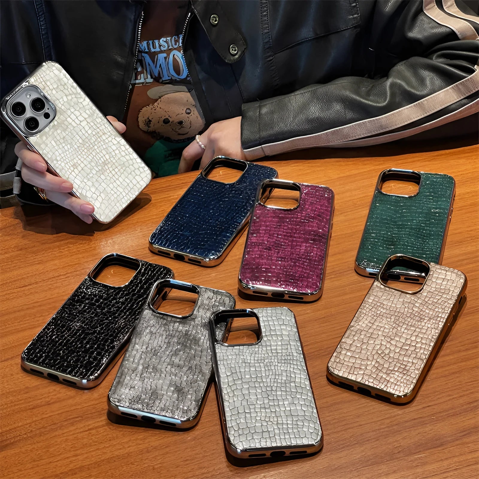 Imitation leather phone case with electroplated crocodile pattern in black, gray, silver, green, and milky white for iPhone 13 Pro Max