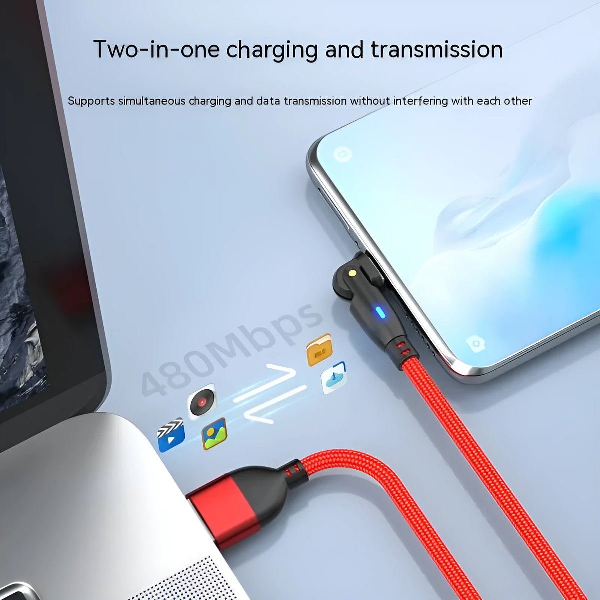 180 degree bend data cable with aluminium alloy connector and nylon woven outer in black, red or purple