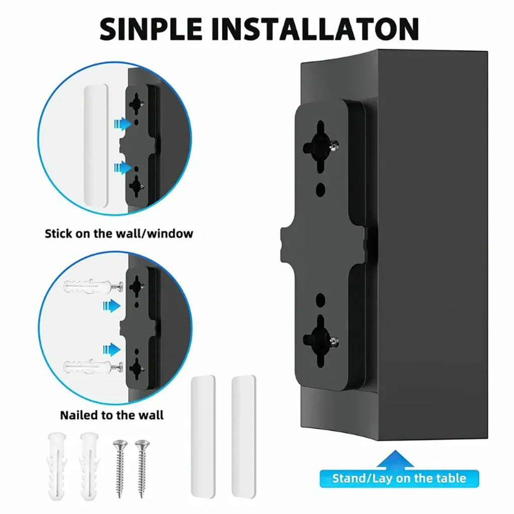 Black plastic digital television antenna with mounting screws and cable ties on a white background.