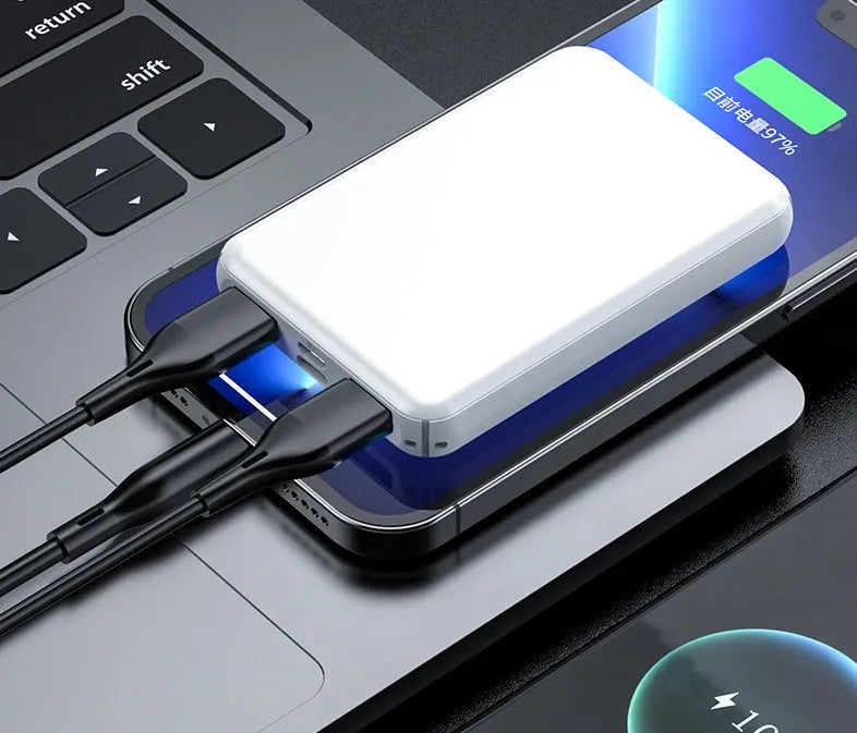 Black and white electric heating vest power bank showing 10000mAh and 5000mAh capacity options.