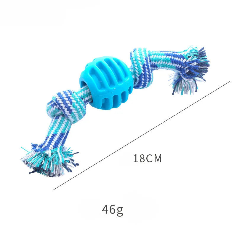 Blue soft dog chew toy with integrated rope for dental care and oral health.