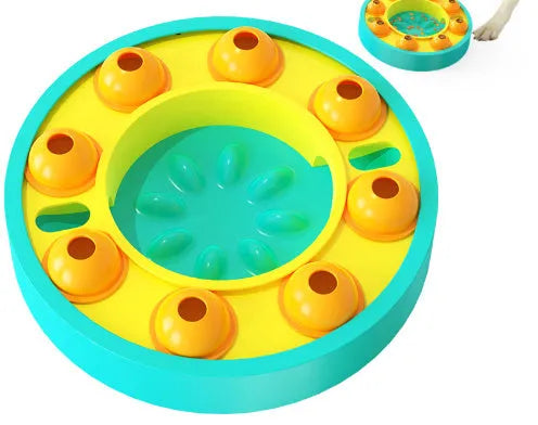 Square lake blue pet puzzle bowl with central slow-feeding column and top-mounted food turntable on a non-slip base.