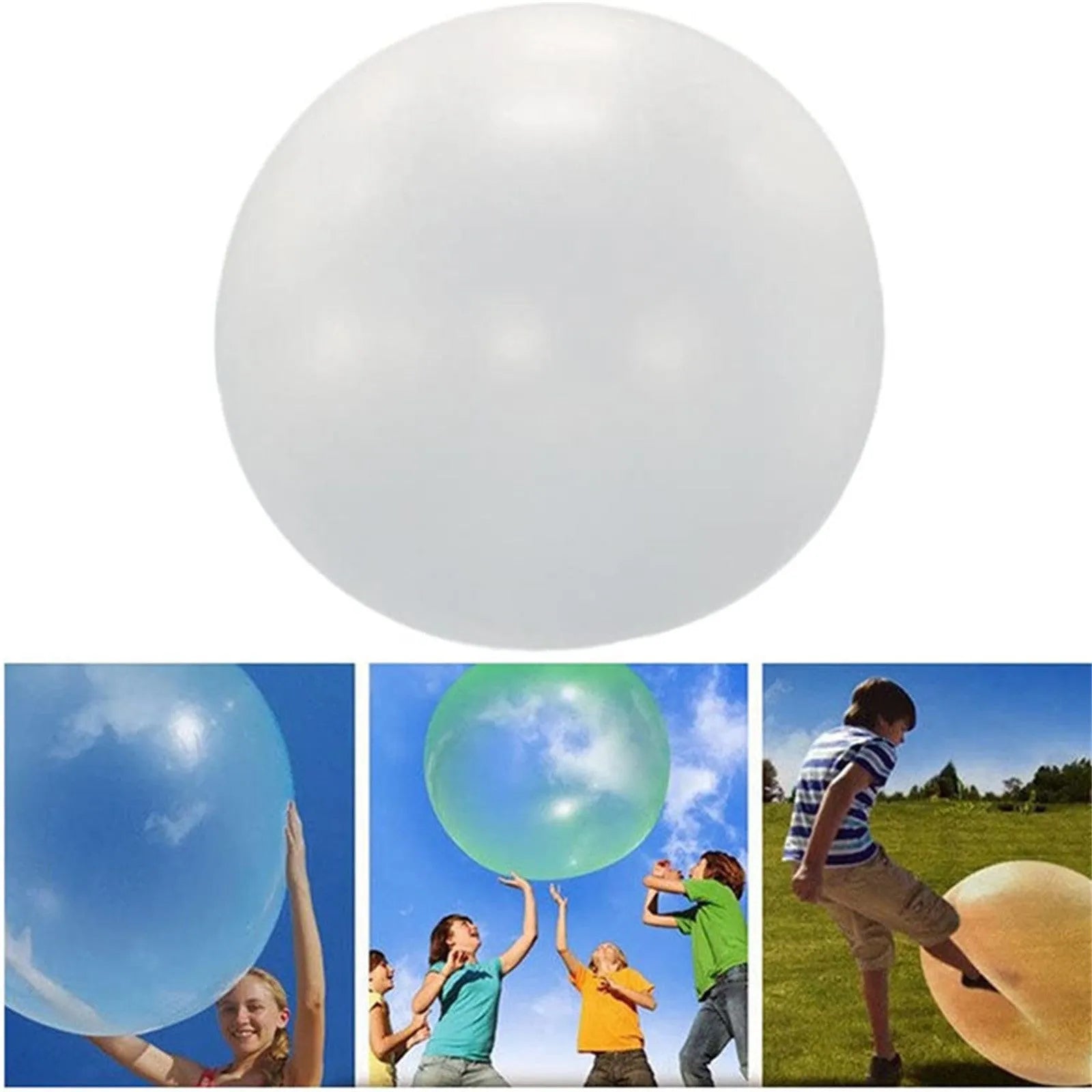 Large colourful inflatable bouncy ball in pink, yellow, green, and blue, shown in various sizes for children's play.