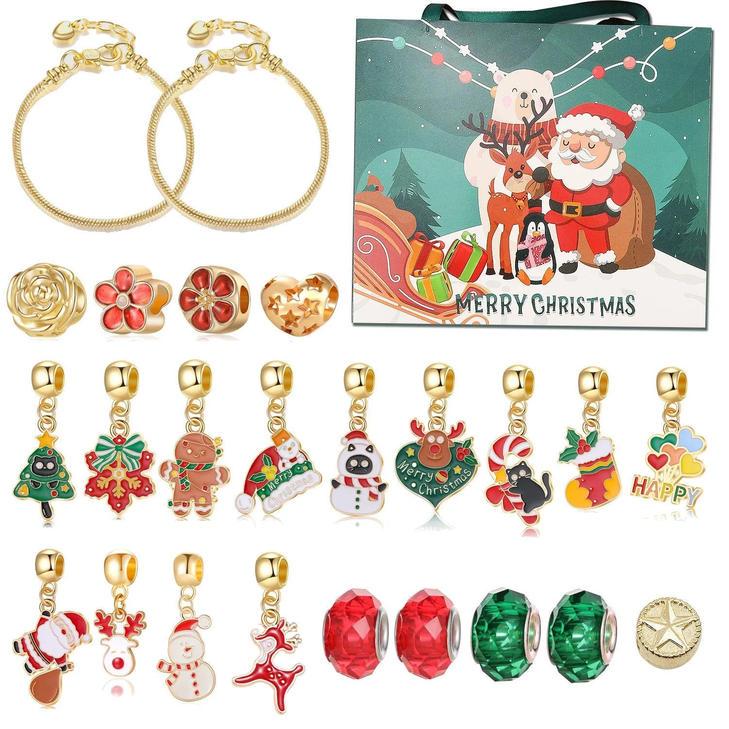 Christmas bead string jewelry gift box with electroplated alloy finish, cartoon style, multiple colour options displayed