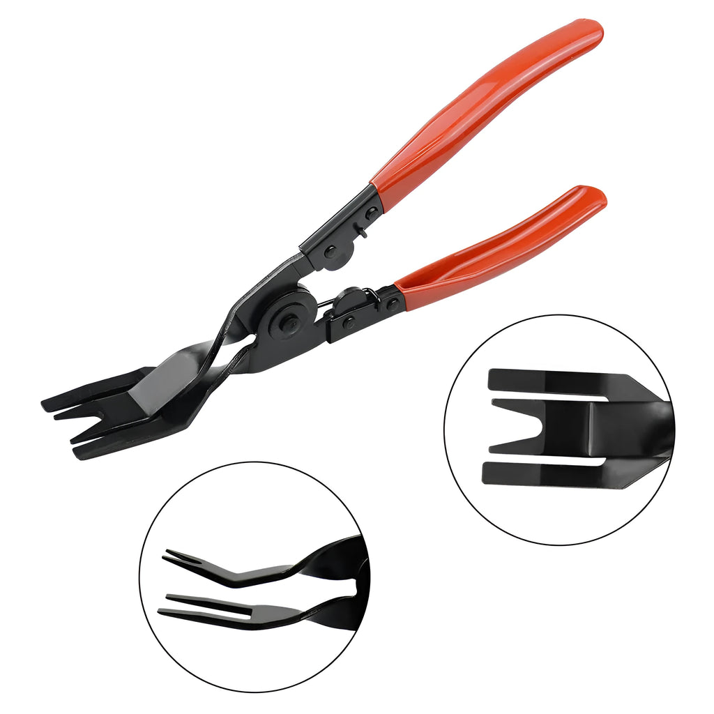 Red-handled steel automotive door panel clip removal tool for General Motors vehicles.