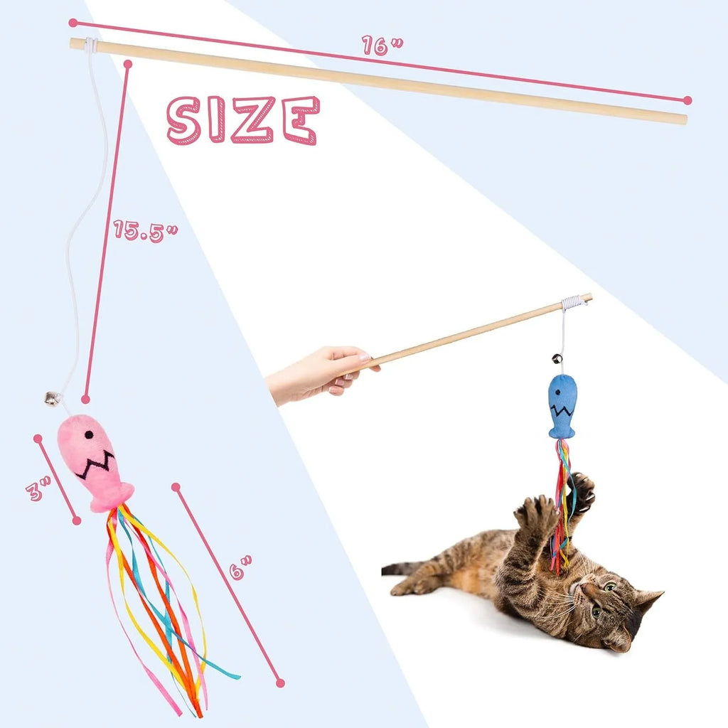 Cat wand toy with catnip fish, colourful ribbons and bell on natural wooden handle