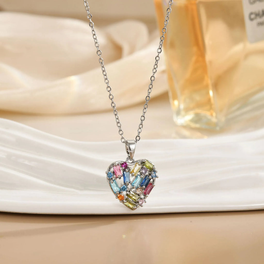 Copper heart pendant necklace with zircon accent on O-ring chain, electroplated finish, gold blue colour option