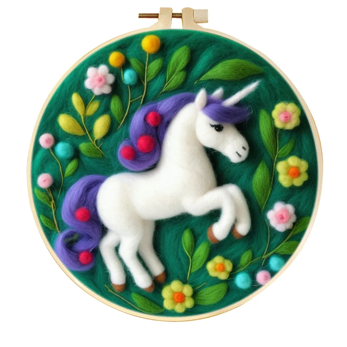 Round linen embroidery frame with wool felt floral decoration kit for three-dimensional wall art