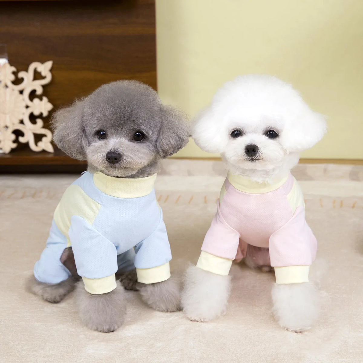 Ice silk mesh polyester pet sun protection suit in blue, pink, or purple, one-piece pet clothing sizes S-XXL