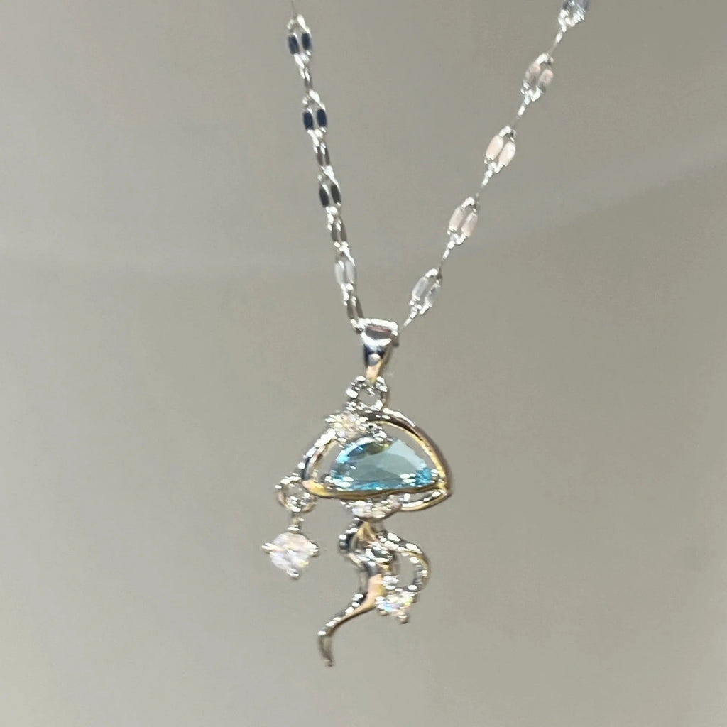 S925 sterling silver blue jellyfish pendant necklace on 41-50cm adjustable chain with white gold finish