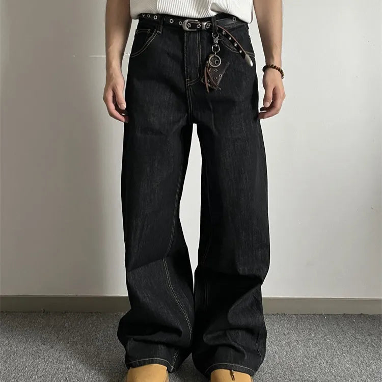 Black retro wide-leg straight jeans with mid-waist design and zip closure