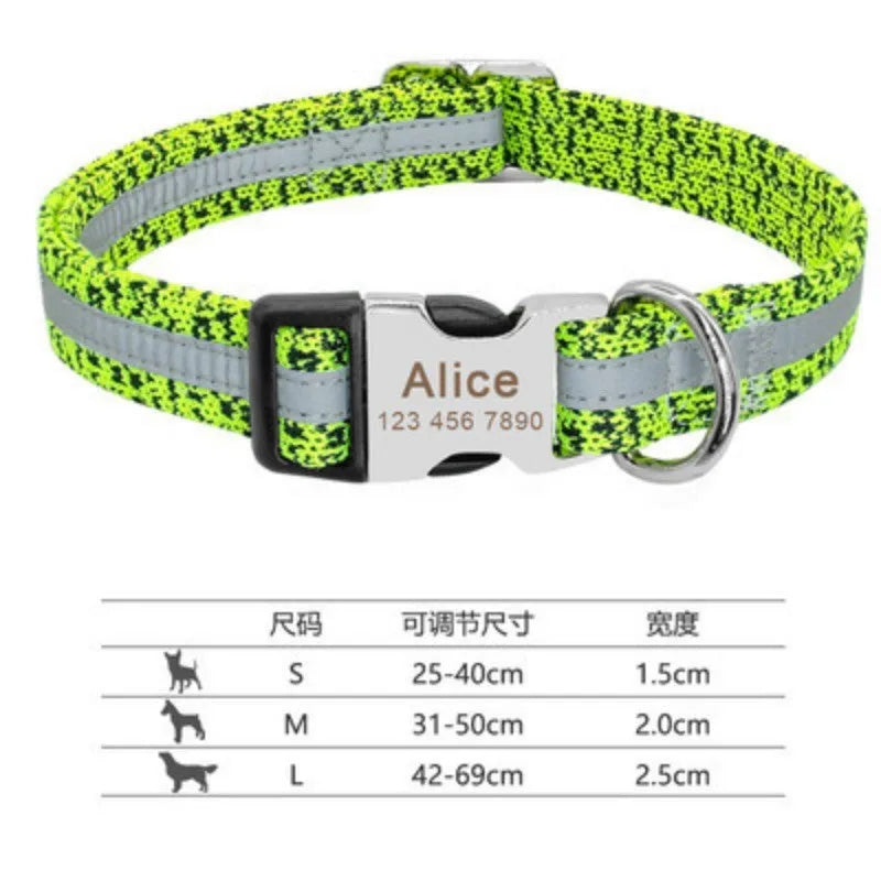 Adjustable nylon dog collar shown in black, green, and rose red colours for small, medium, or large dogs.