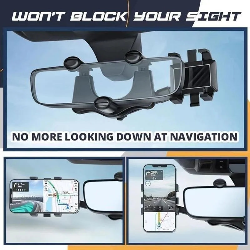Black rearview mirror car phone holder extended, showing 360-degree rotation and four-claw phone grip.