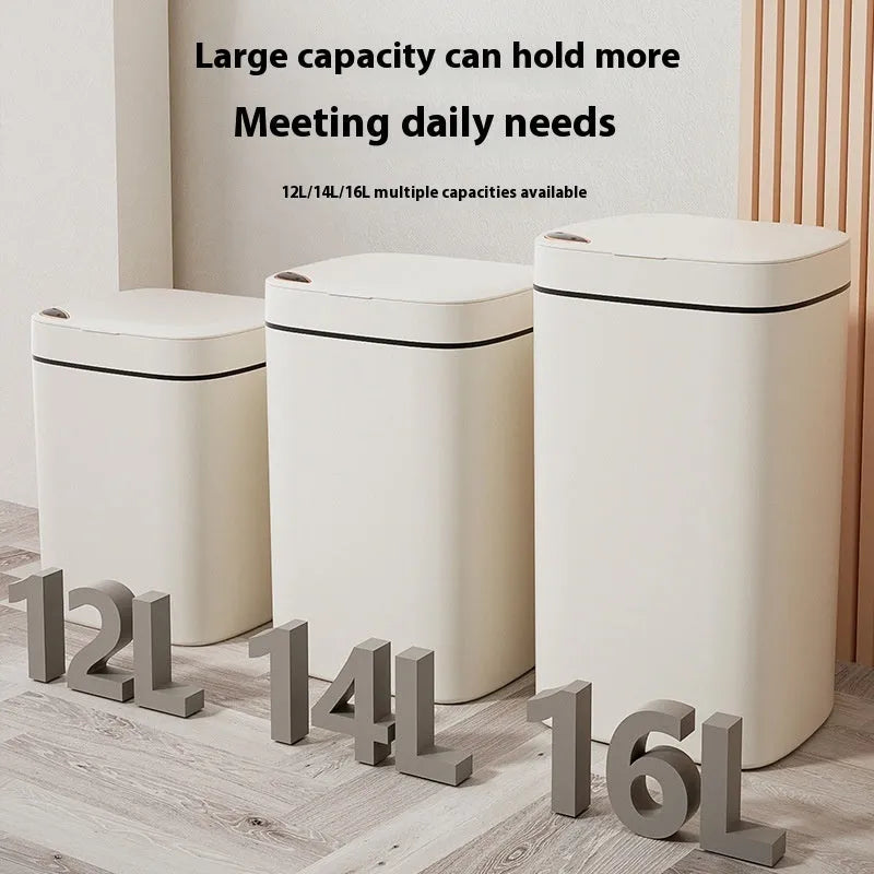Square automatic induction rubbish bin with touch-free opening lid in milky white colour