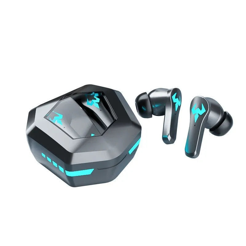 Black in-ear Bluetooth sports headset with microphone for gaming and calls.