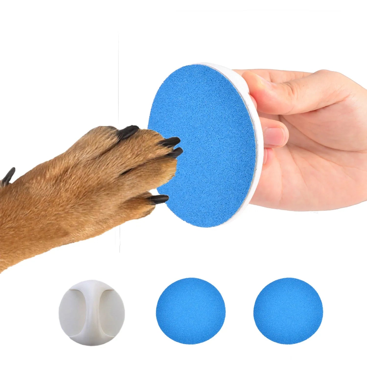 Square dog nail scratch board with ergonomic handle in one of four colours, showing replaceable sandpaper pad.