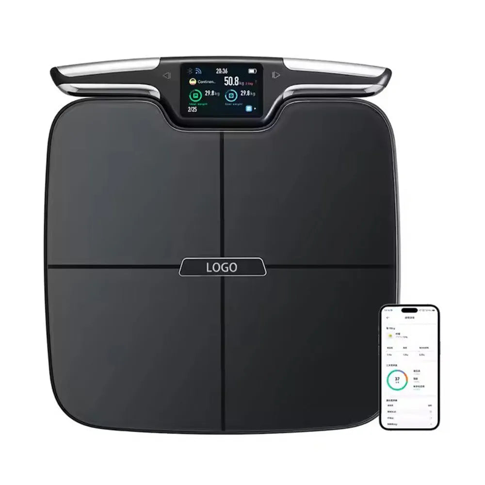 Black eight-electrode body fat smart scale showing digital display.