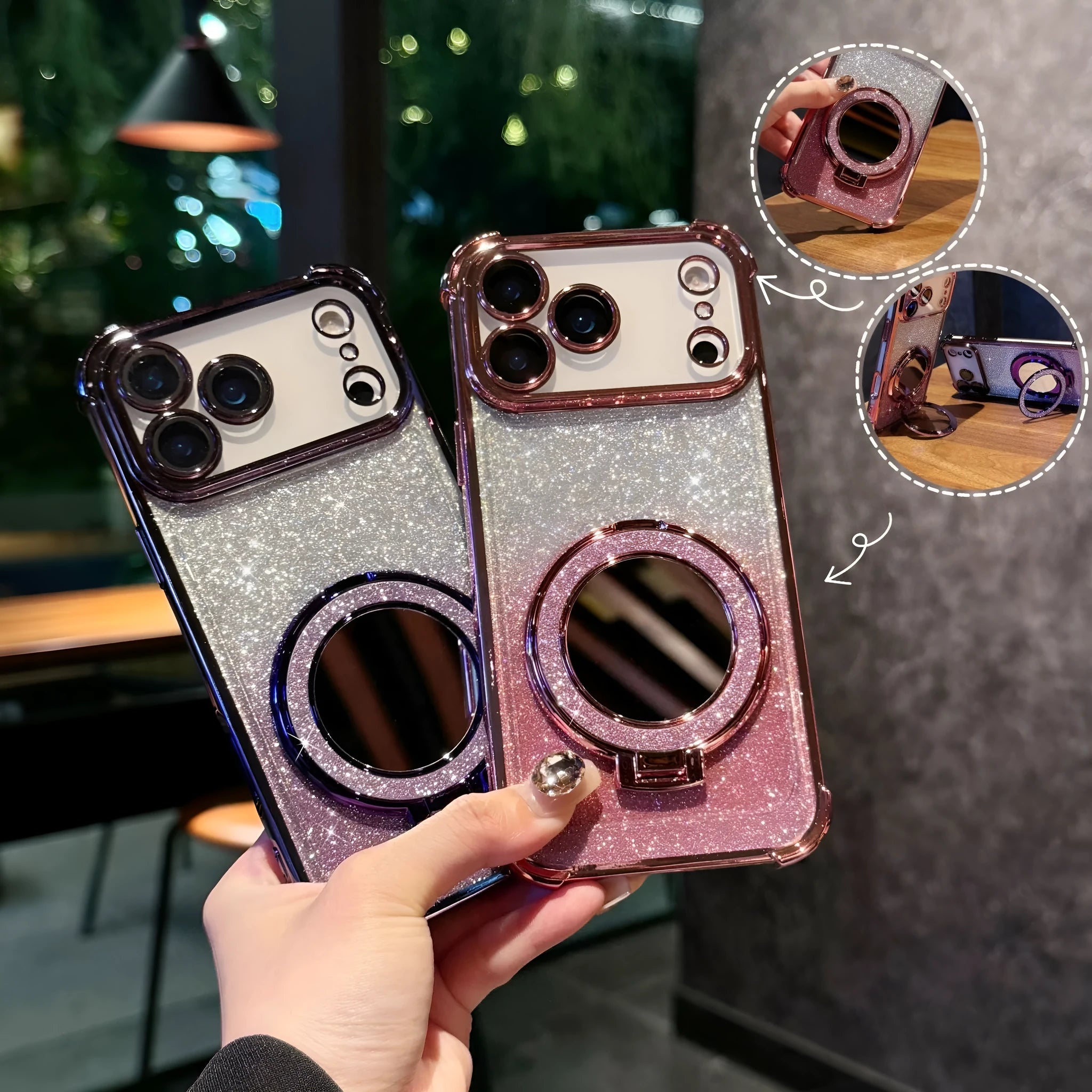 Glitter mirror magnetic bracket TPU phone case for iPhone 17 series in multiple colours showing reflective gradient finish