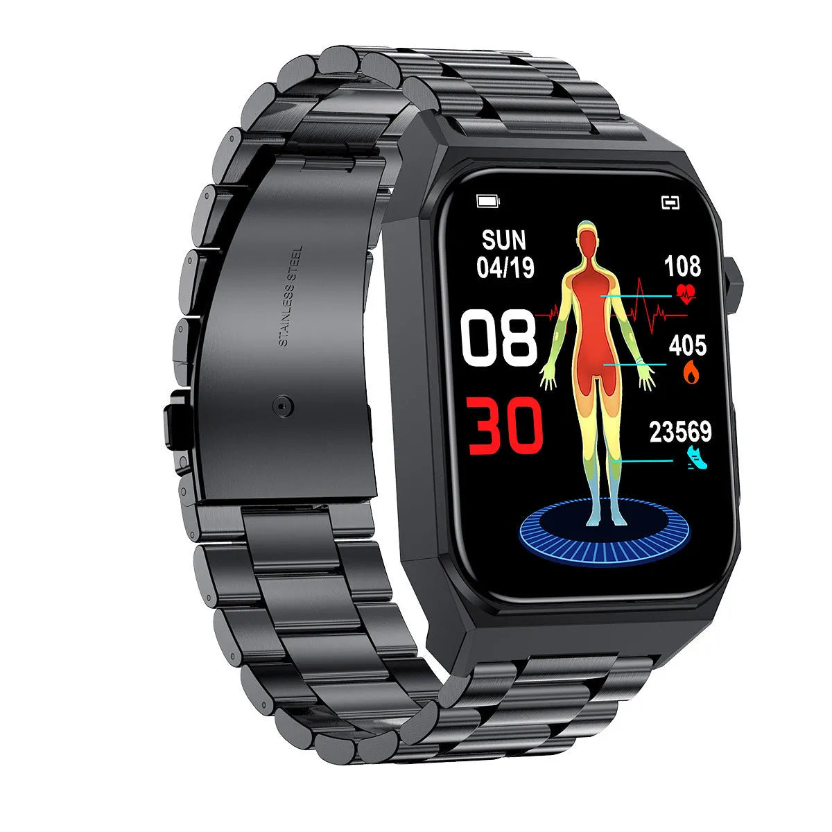 Blood glucose smart watch with ECG, blood pressure, and heart rate monitoring on a 1.91-inch touch screen, black strap
