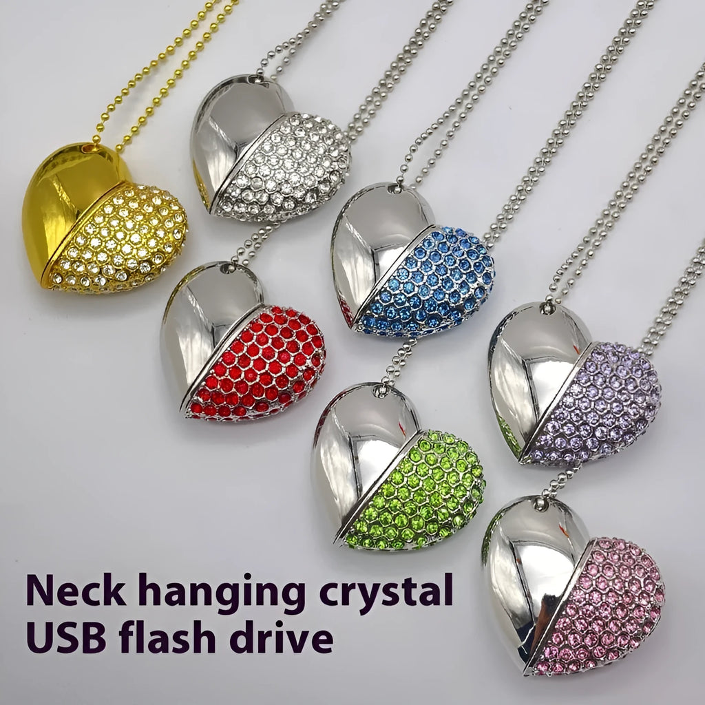 Creative heart-shaped USB flash drive with brick-inlaid pattern and metal shell in various colours.
