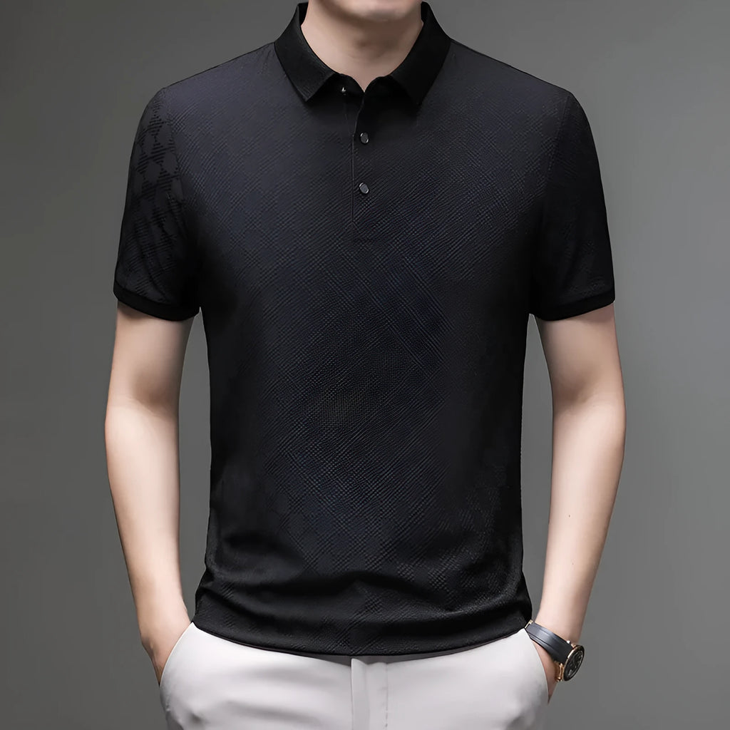 Rhombus pattern thin ice silk short sleeve T-shirt with a slit design, shown in black.
