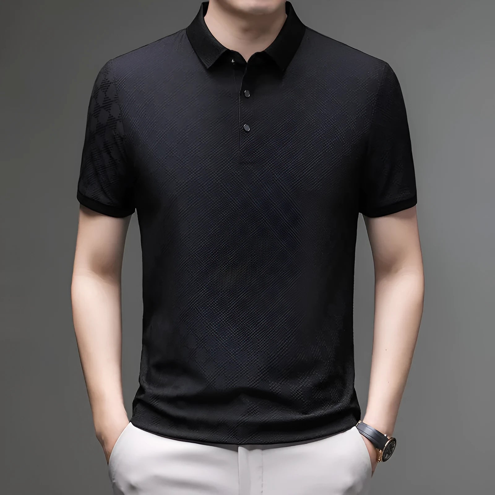 Rhombus pattern thin ice silk short sleeve T-shirt with a slit design, shown in black.
