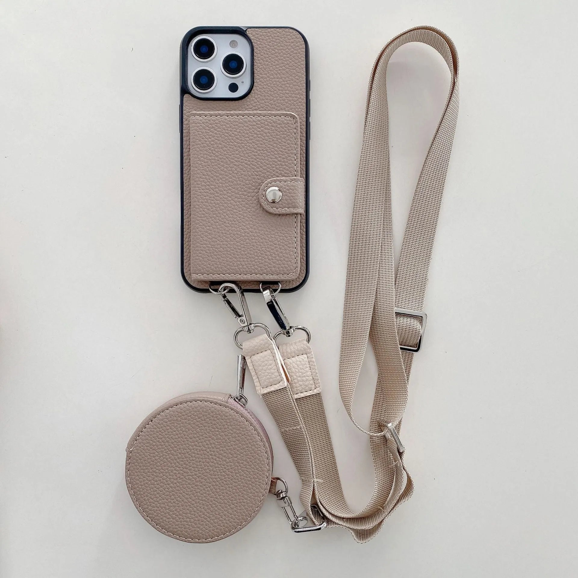 Polycarbonate leather lanyard phone case with card slot for iPhone, shown in black, brown, orange and white.