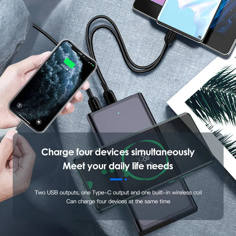 Black and blue square aluminium alloy wireless power bank with a capacity of 10000mAh