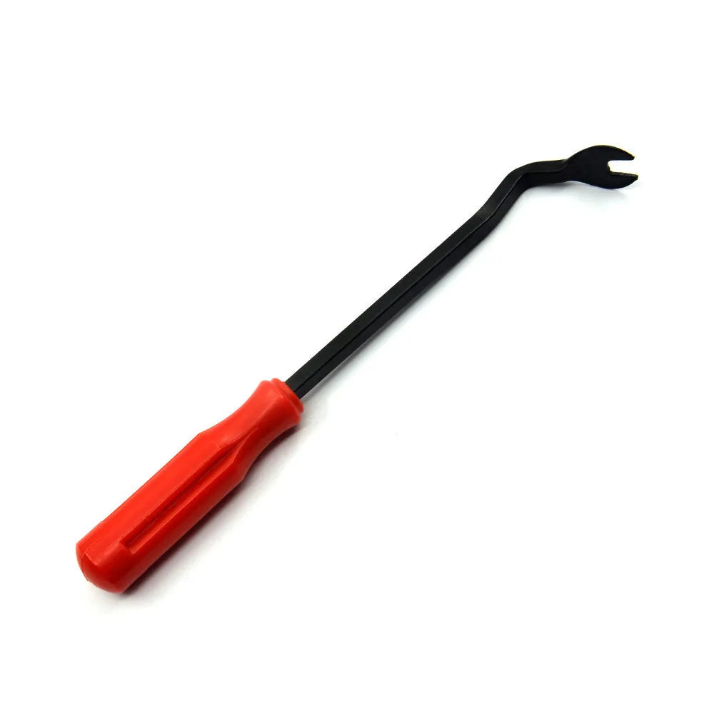 Red-handled steel automotive door panel clip removal tool for General Motors vehicles.