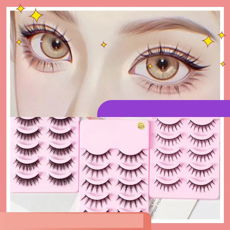 Five pairs of natural wispy manga false eyelashes in a tray, anime cosplay makeup style