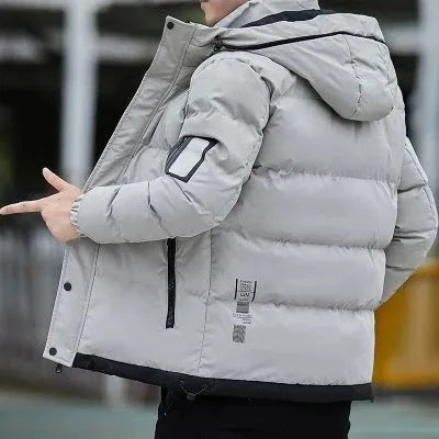 Men's casual padded polyester jacket with stand-up collar in khaki, shown with long sleeves and zipped front