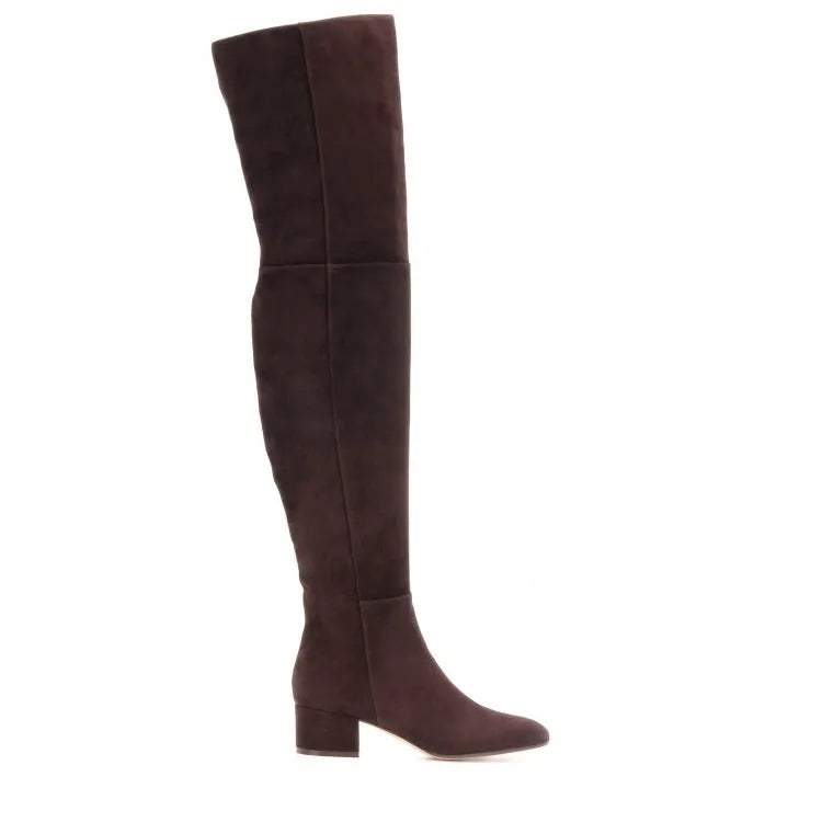 Grey suede women's flat over-the-knee boots with a pointed toe and low block heel on a white background.