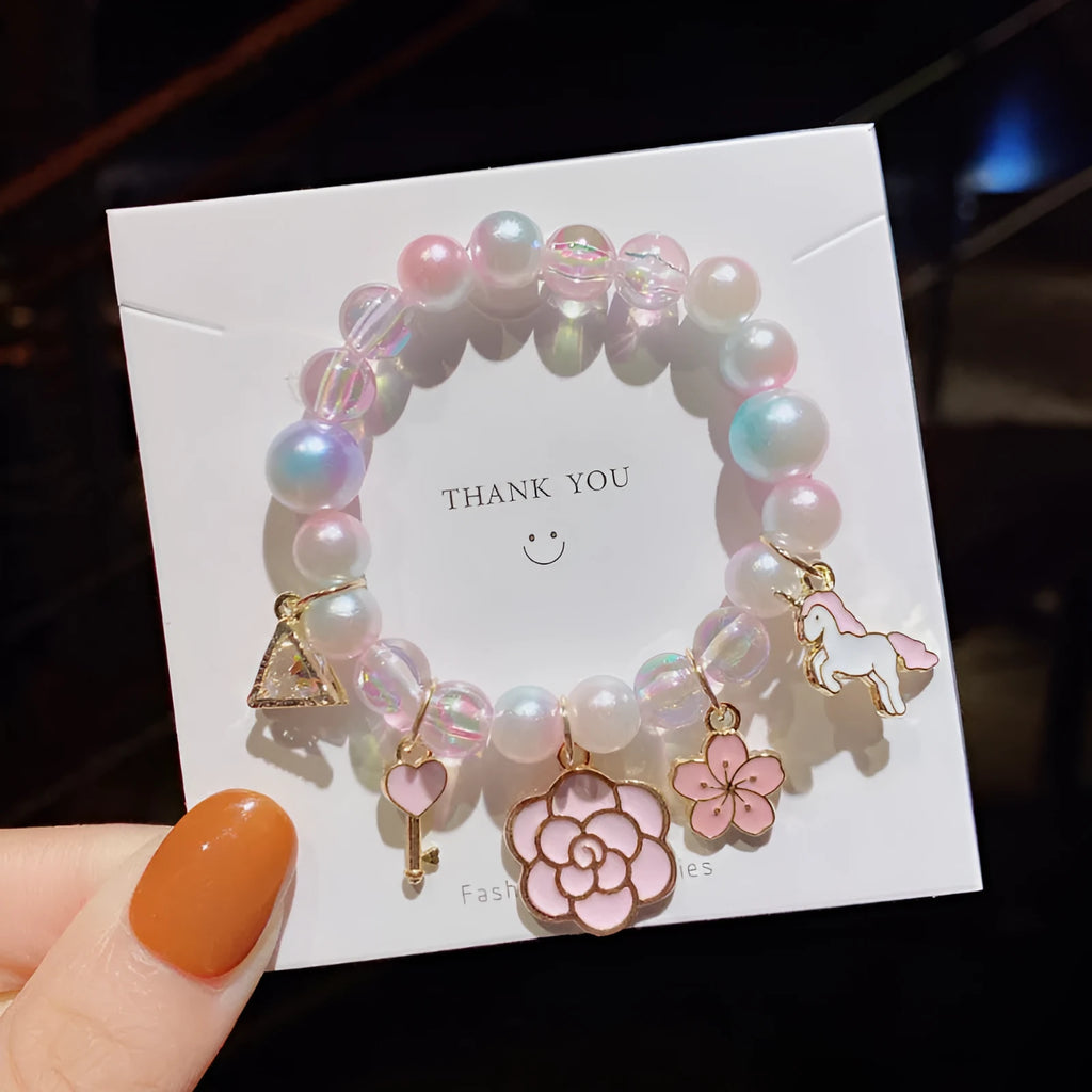 Children's cartoon pearl bracelet with gradient colour shell and alloy beads, cute cat style design