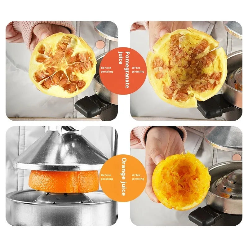 A tall black cast iron manual citrus juicer with a stainless steel strainer on a kitchen counter.
