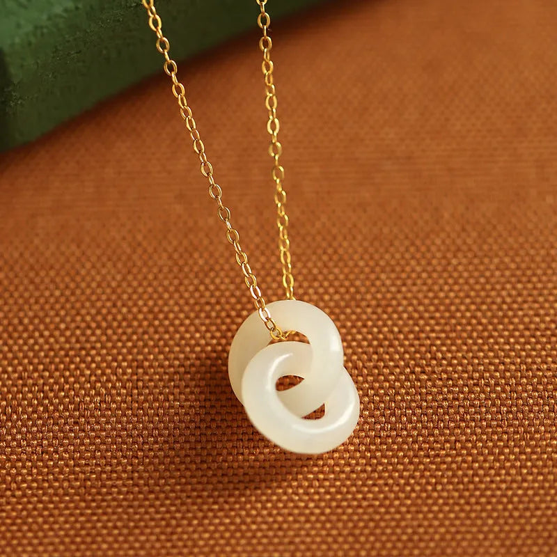Gold-plated necklace with natural Hetian jade inlaid pendant on copper cross chain, white or grey jade, 41-50cm