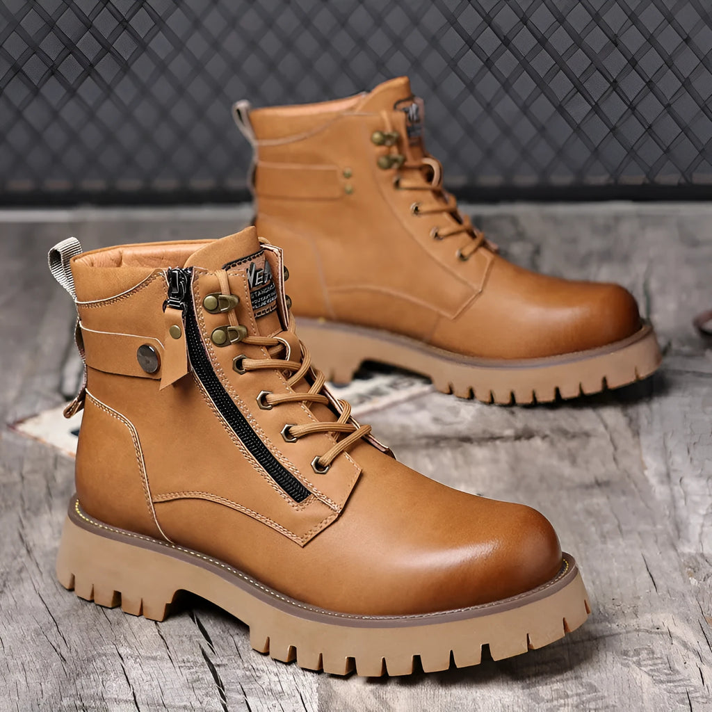 Men's brown high-top leather boots with a side zipper and mid heel.