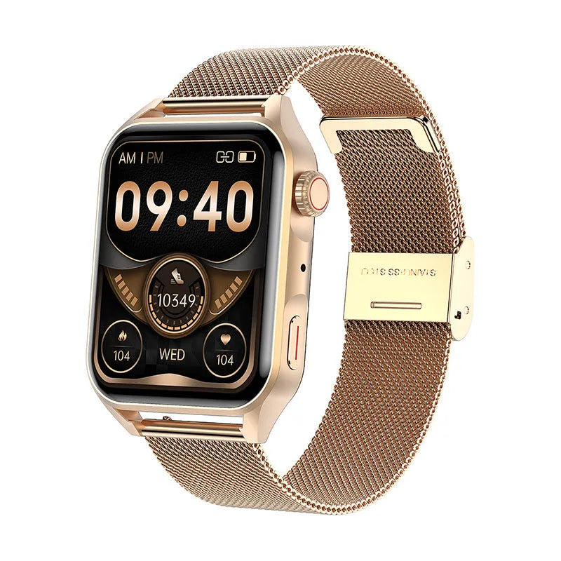 Smart watch with a pink silicone strap showing its AMOLED screen and compact case.