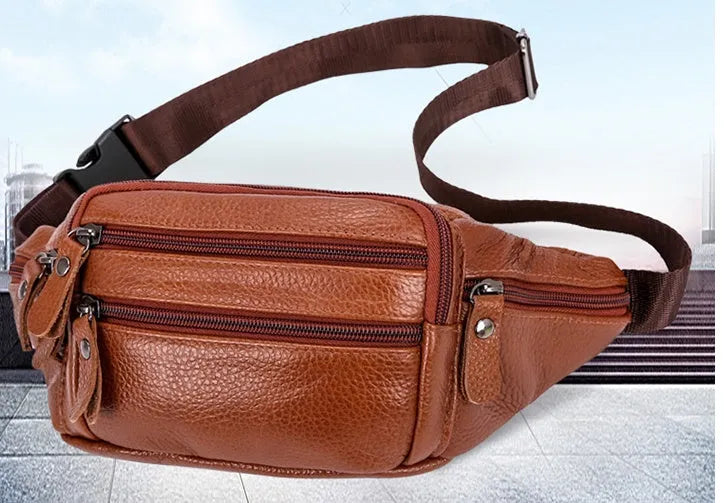Cowhide men's belt bag in brown leather, horizontal square shape with zipper, size 23x13x8cm on model
