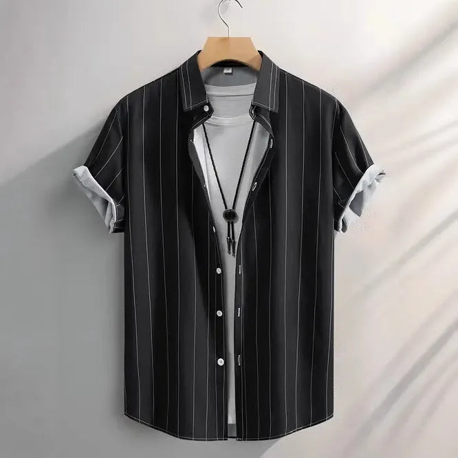 Men's striped short sleeve shirt with stand collar in loose cardigan style